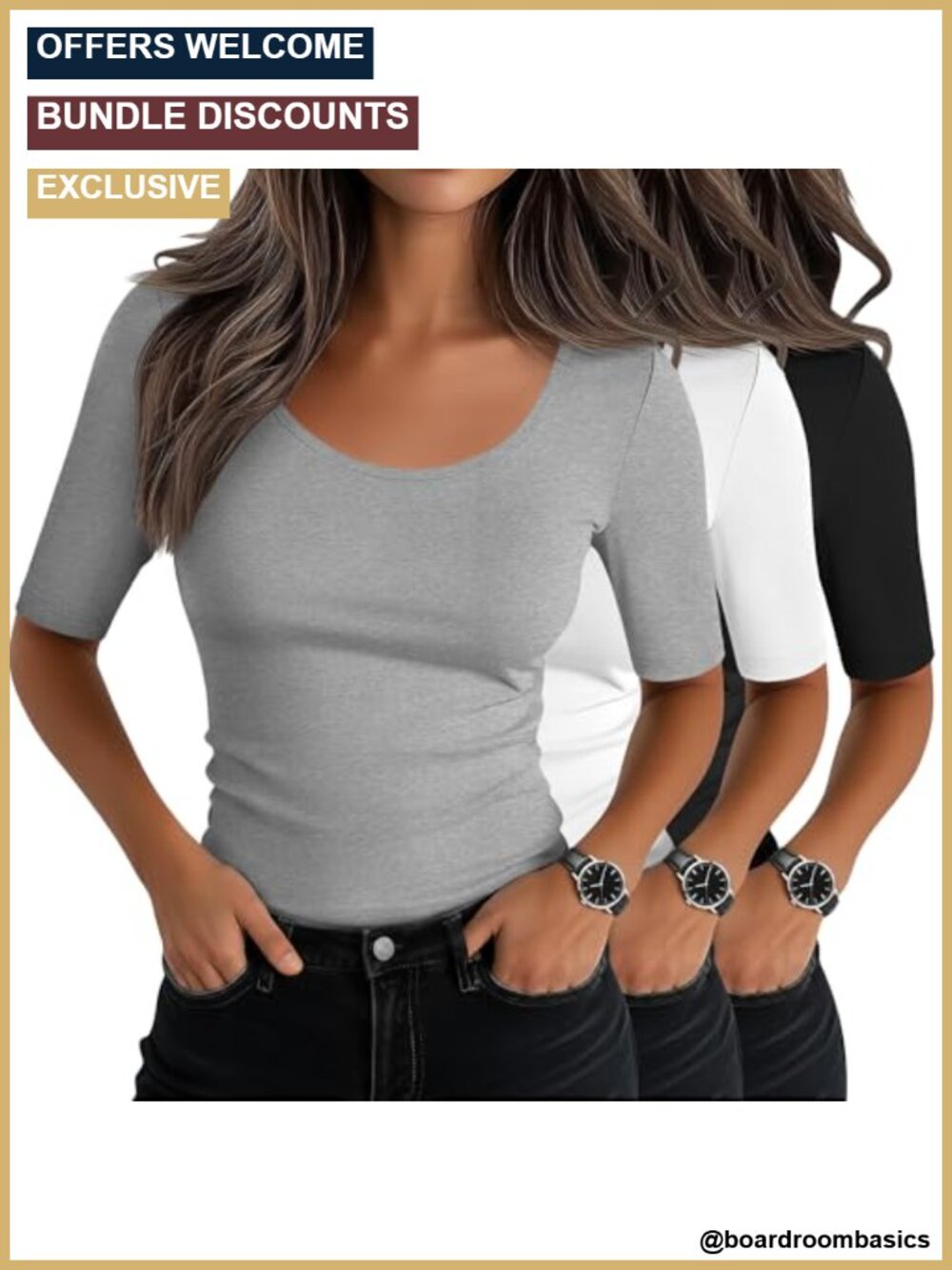 Women's Fitted Scoop Neck Half Sleeve T-Shirts 3 Pack Cotton Blend Slim Fit Tops